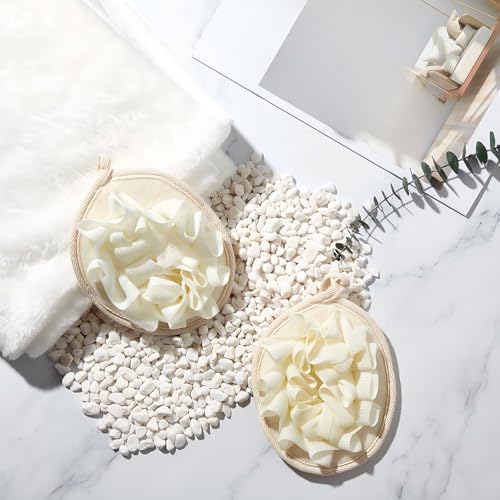 Boao 6 Pcs Bath Shower Pouf Sponge Mesh Pouf Shower Ball Exfoliating Body Sponge Pad Scrubber Glove with Flower Bath Ball (Beige) - style: Beige