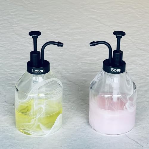 Bathroom Glass Soap Dispenser Set, 2 Pcs 375ml/12.7 Oz Unique 3D Cloud Pattern Thick Glass Soap Bottle with Smooth Action Rust-Free Black ABS Pump for Kitchen Counter Dish Soap Dispenser - color: Black-pump