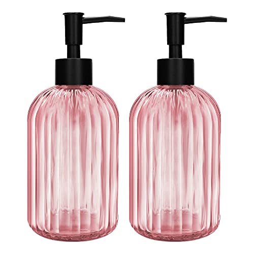 Pack of 2 Glass Soap Dispenser with Black Pump, 400 ml Refillable Pump Dispenser for Kitchen, Bathroom, Laundry Room, Liquid Glass Bottle for Washing Up Liquid, Shampoo, Conditioner (Pink) - color: Pink
