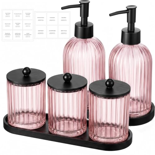 Yaomiao 5 Pack Bathroom Accessories Set, Modern Bathroom Decor Sets, Glass Liquid Soap Dispenser, Vanity Tray, Toothbrush Holder, Cotton Swab Jars with Lids for Sink Countertop(Pink,Striped) - color: Pink, style: Striped