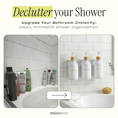Shampoo and Conditioner Dispenser Wall Mounted Set of 3 White Bamboo - No Drill Shower Soap Dispenser for Bathroom Refillable - Spa Hotel Style Accessories by MaisoNovo - color: White Bamboo Set of 3
