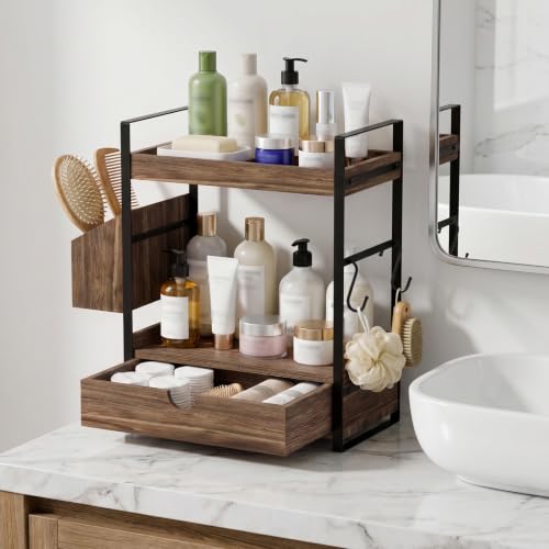 Kottwca 2-Tier Bathroom Counter Organizer with Drawer, Basket & Hooks, Wooden Vanity Shelf for Skincare, Perfume & Makeup Storage(Dark Brown) - color: Dark Brown