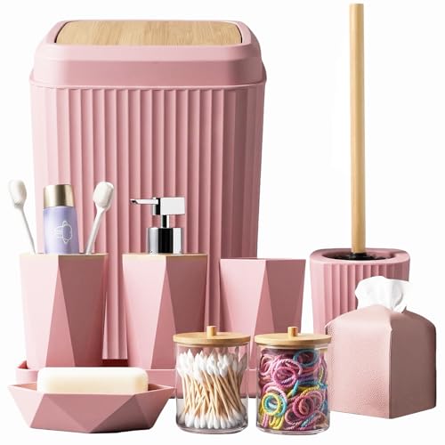 Pink Bathroom Accessories Set, 10 Pieces Bamboo Bathroom Set with Trash Can, Tray, Soap Dispenser, Soap Dish, Toothbrush Holder, Toothbrush Cup, Tissue Holder, Toilet Brush and Qtip Holders - color: Pink