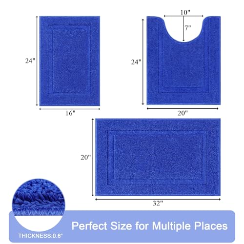 SHACOS Royal Blue Bathroom Rugs Sets 3 Piece Bath Mat U Shaped Toilet Rug | 20x32+ 16x24+ 20x24, Soft Fluffy Microfiber Bath Rugs Set, Non Slip Washable Absorbent Bathroom Floor Mats Carpet Shower Rug - color: Royal Blue, size: 16"x24"+ 20"x32"+U Shape 20
