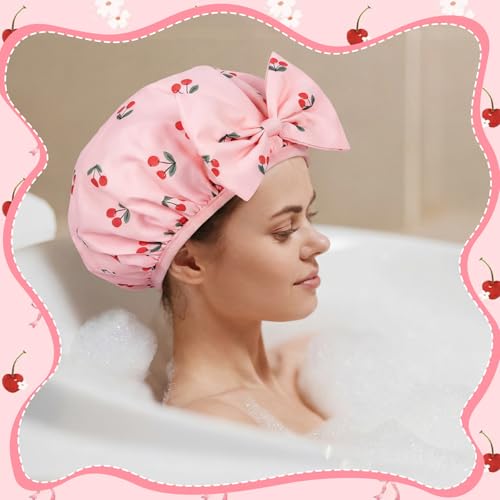ramede Large Satin Lined Shower Cap for Women Reusable Waterproof Double Layer Bath Cap with Cherry Bow Large Washable Bath Caps with Soft Elastic Band Protect Long Hair Braids - style: Cherry Bow