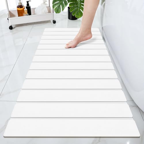 Cuckan Foldable Stone Bath Mats for Bathroom Super Absorbent Diatomaceous Earth Bath Mat Quick Dry Bath Rug Drying Mats with Non Slip Shower Rug Tub Shower Mat - color: White, size: Rug 15x32" + 14x23" Non-slip Mat