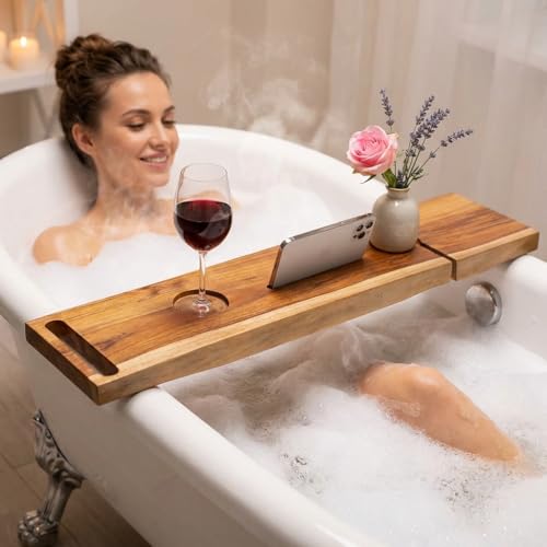 EcoDecors Eleganto 50" Live Edge Solid Teak Bath Caddy Tray with Handle, Book & Tablet Holder, Wine Glass Holders, Luxury Bathtub Tray - style: 50" Live Edge