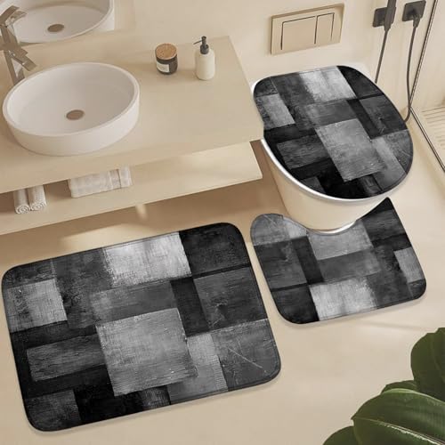 4Pcs Abstract Black Grey Shower Curtain Set, Beige Brown Grey Modern Bathroom Shower Curtain with Rugs and Accessories, with Non-Slip Rugs, Toilet Lid Cover and Bath Mat for Bathroom Decor Set - color: Black Grey
