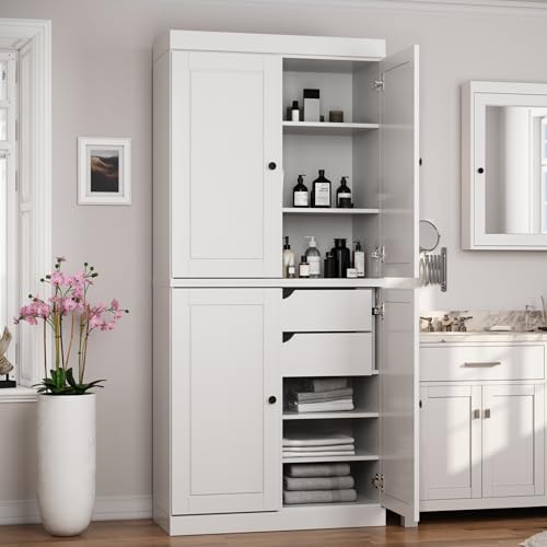 Palace Imports Solid Wood Tall Bathroom Pantry Cabinet with 4 Wooden Doors & Adjustable Shelves, White - 100% Eco-Friendly, Renewable, Space-Saving Storage, 71.5" H x 32" W, Made in Brazil - color: White