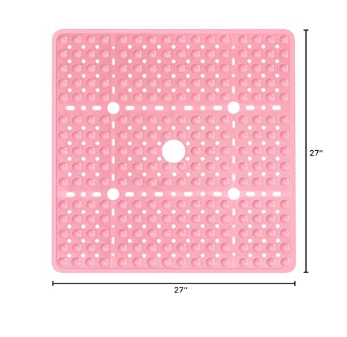Large Square Shower Mat 27 x 27 Inch Pink, Non Slip Shower Bathtub Mats for Inside Shower with Big Suction Cups Drain Holes, Anti Slip Bathroom Floor Shower Stall Mats, Easy Clean, BPA-Free - color: Pink