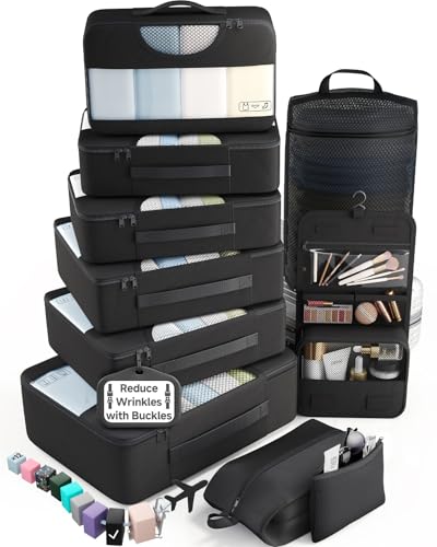 Veken 10 Set Packing Cubes for Travel Essentials,Anti-Wrinkle Buckled Suitcase Organizer for Shoe & Toiletry Bag,Carry On Luggage Bag with 99+ Count Mesh Holes for Airplane & College Dorm Accessories - color: 01 Black