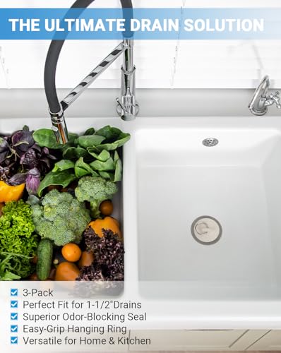 3 Pack Rubber Drain Stopper for 1-1/2 Inch Sink & Bathtub, Bathroom & Kitchen Sink Plug with Hanging Ring, Durable Bathtub Drain Stopper for Bath, Shower, and Laundry, White
