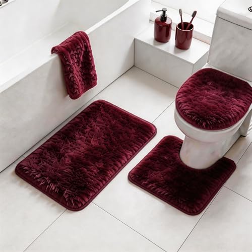 RUN HELIX Shaggy Bathroom Rugs Sets 3Piece Bath Mat for Bathrom Non-Slip Bathrom Mats Water Absorbent Bath Rug Floor Mats Soft Washable Shower Rug with U-Shaped Contour Rug Toilet Lid Cover Burgundy - color: Burgundy