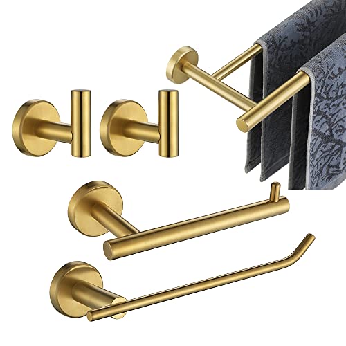 JQK Bathroom Hardware Set, 5-Piece Bath Accessories Set Brass Gold Wall Mount Includes 24 in Towel Bar, 9 in HT Bar, TP Holder, Towel Hook x 2 Brushed Gold, BAS105-BG - color: Gold