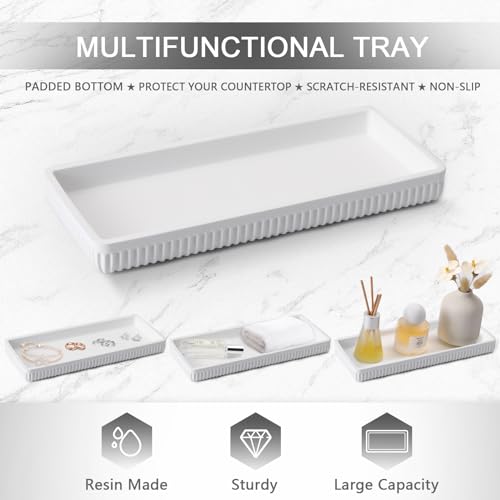 XLHOMO Resin White Bathroom Accessories Set 5 Pcs, Lotion Soap Dispenser, Toothbrush Holder, Bathroom Tumbler, Qtip Holder and Vanity Tray, Bathroom Countertop Organizer Set for Modern Home Apartment - color: White, size: Resin Bath Set