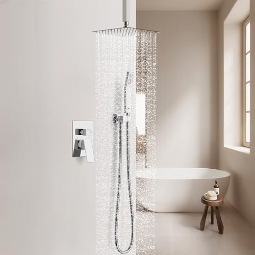 SunCleanse Rainfall Shower Faucet Set Polished Chrome Shower Combo Set for Bathroom with High Pressure 10 inch Shower Head with Handheld Shower Valves Shower Head and Handheld Ceiling Mounted - color: Polished Chrome, style: 10-ceiling