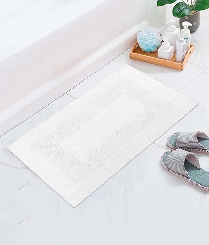 Cotton Craft 2 Piece Reversible Step Out Bath Mat Rug Set 17x24 White, 100% Pure Cotton, Super Soft, Plush & Absorbent, Hand Tufted Heavy Weight Construction, Full Reversible, Rug Pad Recommended - color: White, size: 17x24 Inches