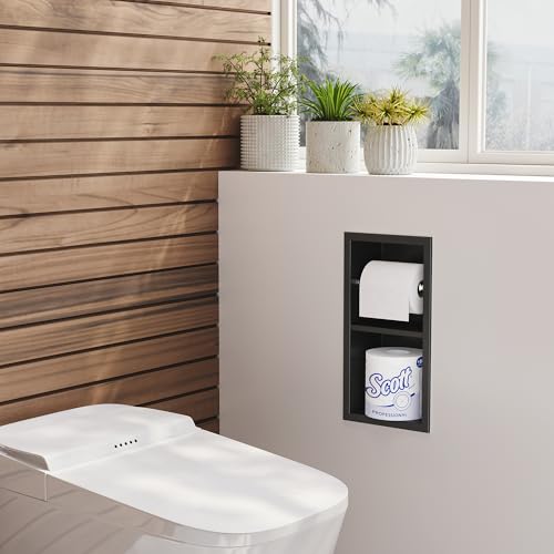 Neodrain Black Toilet Paper Holder, Contemporary Hotel Style Pivoting in Wall Tissue Holder, Stainless Steel Recessed Tissue Paper Roll Holder, Dual roll(Matte Black) - color: Matte Black, size: 6X12In