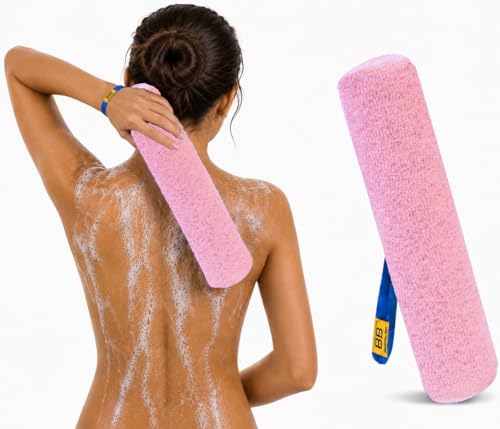 Back Scrubber for Shower - Beautiful Bod Patented 13-Inch Exfoliating Loofah with Built-in Handle, Easily Reaches Entire Back, Full Body Shower Scrubber for Back Washing, Exfoliation & Skin Smoothing - color: Bright Pink