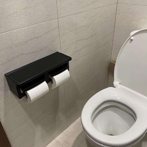 Matte Black Double Toilet Paper Holder with Shelf - Toilet Paper Cutting Function, Toilet Paper Holder Wall Mounted for Bathroom Washroom - color: Abs Black&black, size: Full