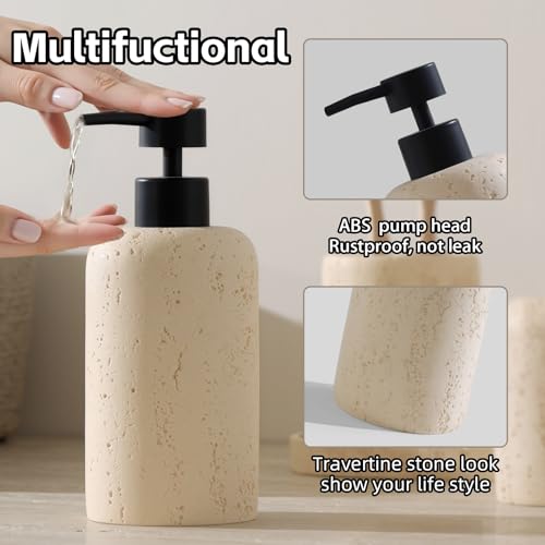 Bathroom Accessories Set, Travertine Stone Look, 5 PCS, Yellow | Modern, Bathroom Set with 13.53 OZ Soap Dispenser, Toothbrush Holder, Tumbler, Vanity Tray, Cotton Swab Jar for Countertop - color: Yellow 5 Pcs