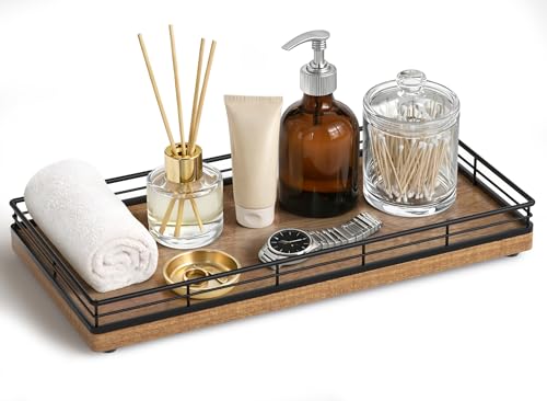 Bathroom Vanity Tray for Countertop, 12" x 6" Acacia Wood Toilet Tank Tray | Metal Guardrail, Bathroom Organizer for Soap, Perfume & Skincare, Non-Slip Decorative Tray for Dresser, Black & Acacia - color: Acacia, size: 12" x 6" x 1.5"
