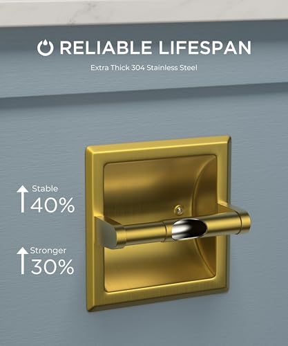 FORIOUS Recessed Toilet Paper Holder, Stainless Steel Durable Tissue Roll Holder Wall Mount for Bathroom Space Saving Design with Mounting Bracket, in Wall Toilet Paper Dispenser Insert, Gold - color: Gold