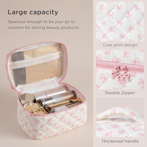 HBselect Quilted Makeup Bag, 3PCS Cotton Large Travel Makeup Bag, Cute Floral Coquette Make up Bag Cosmetic Bag Toiletry Bag for Women Girls - color: A-3PCS-Floral 18