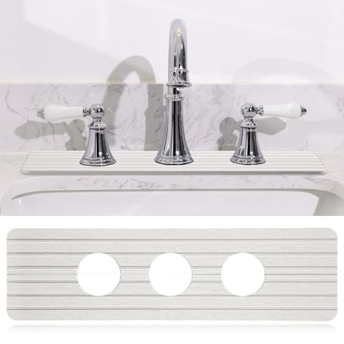 Teenyyou 3 Hole White Faucet Mat for Kitchen Sink Bathroom 16.1" x 5" Kitchen Faucet Absorbent Mat Diatomite Splash Guard Quick Drying Stone Drip Catcher Hole 2.24" Holes Spaced About 1.77 " - color: White, style: 3 Hole