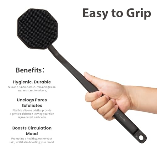 iTokGoK® Premium Silver-Infused Silicone Back Scrubber with Long Handle Back Brush for Shower,Back Brush Long Handle for Men and Women,Ergonomic No-Slip Handle, Long-Lasting (Black) - color: Black