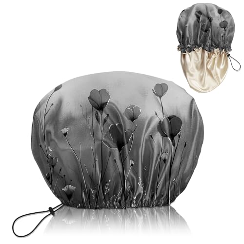 Luxury Shower Cap Satin Lined Reusable Waterproof Double Layer Elastic Adjustable Hair Bath Cap Cute Aesthetic Women Girls-Black Flower - color: F19-Black Flower
