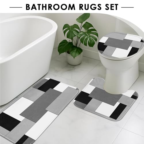 Grey Geometric Shower Curtain Set with Toilet Lid Cover and Non-Slip Rugs for Bathroom, Black White Checkered 4 Pcs Shower Curtain, Modern Abstract Bathroom Set with 12 Hooks - color: Abstract Geometric Grey