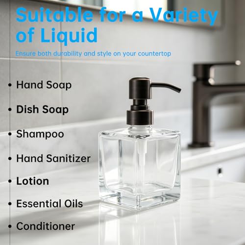 Square Bathroom Soap Dispenser Oil Rubbed Bronze, Glass Bottles with Stainless Steel Pump Retangle Cube Liquid Soap Dispenser Hand Kitchen with Waterproof Lables - color: Oil Rubbed Bronze, size: 8.4oz-Square