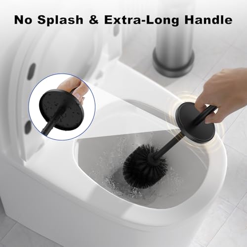 Black Toilet Brush and Holder Set，Stainless Steel Heavy Duty Toilet Bowl Brush，Extra Long Handled Modern Toilet Cleaner Brush with Replaceable Head, Removable Inner Bowl