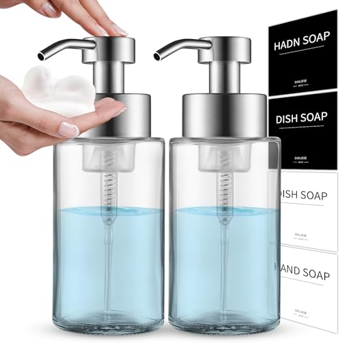 Glass Foaming Hand Soap Dispenser, 10 oz Easy Refill Bathroom Soap Dispenser, Foaming Dispenser with Stainless Steel Pump & Waterproof Labels, Foam Soap Pump Bottles for Handwashing, 2 Sets - color: Brushed Nickel Foam 2pc