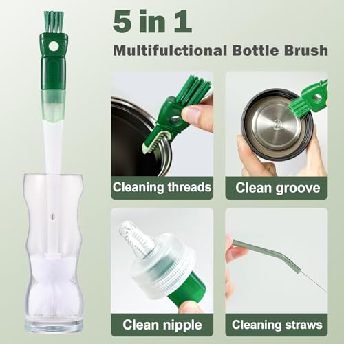 XYFuuee 5 Pack Bottle Brush Set, 5 in 1 Water Bottle Cleaning Brush, Long Handle Narrow Cup Cleaner, 3 Straw Brushes for Stanley, Travel Nipple Detail Washer Brush for Wine Lid Gap (Green) - color: Green