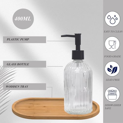 Glass Hand and Dish Soap Dispenser Set of 2 with Plastic Pumps, Bamboo Tray, 13.5oz Clear Bathroom Soap Dispenser with Vertical Stripe for Hand Wash & Dish Wash, Ideal for Bathroom Kitchen Countertop - color: Clear