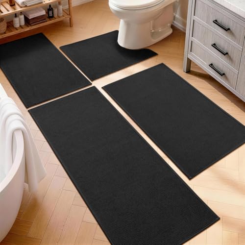 YIHOUSE Black Bathroom Rugs Sets 4 Piece, Quick Dry Thin Bath Mat with Toilet Rug, Non Slip Absorbent Machine Washable, Bath Runner Rugs for Bathtub Sink Home Decor - color: Black, size: 4 pieces