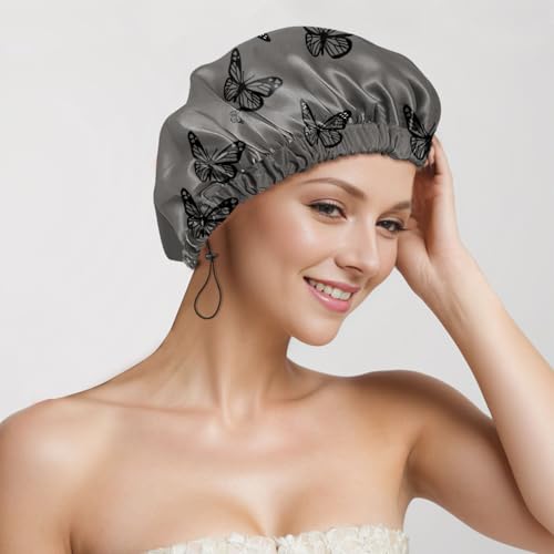2 PCS Shower Cap Reusable Waterproof Adjustable Double Layer Elastic Dry Hair Bathing Caps Aesthetic Cute for Women Girls-Butterfly Rainbow - color: H-10-Butterfly Rainbow