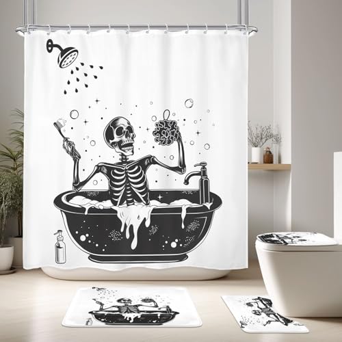 4PCS Funny Skull Skeleton Halloween 71Wx71H Inches Gothic Black White Shower Curtain Sets with Rugs, Toilet Lid Cover and Bath Mat, Spooky Bath Accessories Art Home Decor Fabric 12 Pack Hooks - color: A5-skull