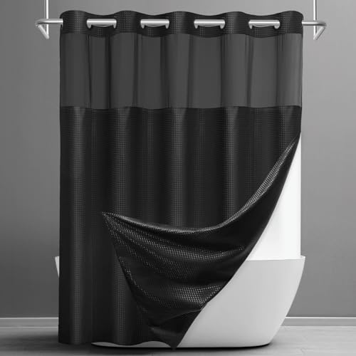 SORTTO No Hook Shower Curtain with Snap in Liner Set Waffle Shower Curtain for Bathroom Hotel Style Fabric Waterproof Inner Liner，71" W x 74" H, Black - color: A - Black, size: 71"W x 74"L (Pack of 1)