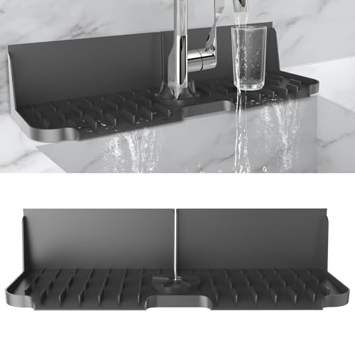 17” x 5.5” Silicone Faucet Handle Drip Catcher Tray Mat, Silicone Faucet Mat Dish Soap Sponge Holder for Kitchen Sink, Drying Mat for Kitchen Counter Bathroom Kitchen Sink Splash Guard - Black - size: 17” Black