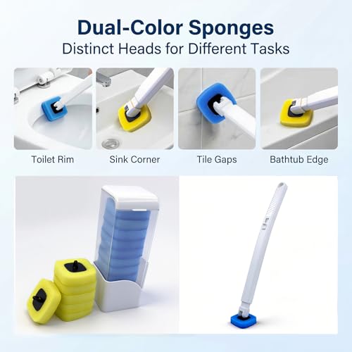 Disposable Toilet Bowl Brush with 12 Refills, Plastic Handle, Blue and Yellow, Dual-Color Sponge Heads, Toilet Cleaning Starter Kit (Plastic Handle with 12 Refills)