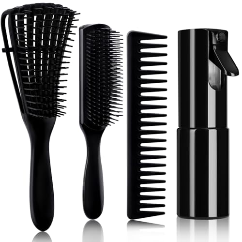 4pcs Curly Hair Brush Set for Adult & Kids Wet or Dry, Detangling Brush for 3/4ABC Hair with Detangler Spray Bottle & Wide Tooth Comb (3+1, Black) - color: Black, size: 3+1