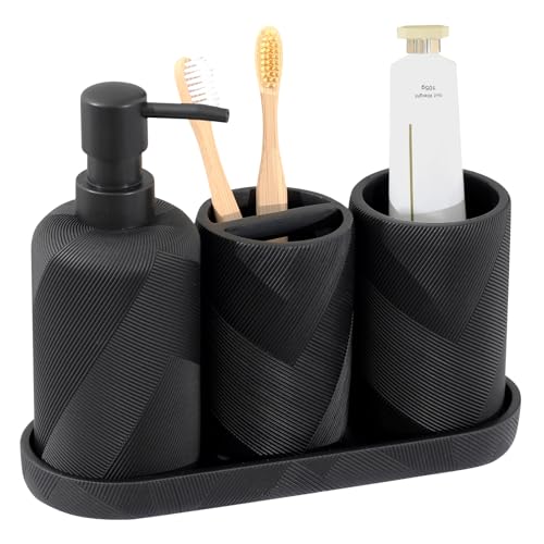 Bathroom Accessories Set, Bathroom Organizer Countertop, Matte Black, 4 PCS | Modern, Simple, Stripe, Resin, With Soap Dispenser, Toothbrush Holder, Mouthwash Cup, Vanity Tray for Home Hotel Office - color: Black1-4pcs
