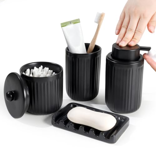 BosilunLife Black Bathroom Accessories Set - Ceramic Bathroom Counter Soap Set Bathroom Decor Sets Accessories Bathroom Lotion Soap Dispenser and Toothbrush Holder Set, Soap Dish, Apothecary Jars - color: Black-foam