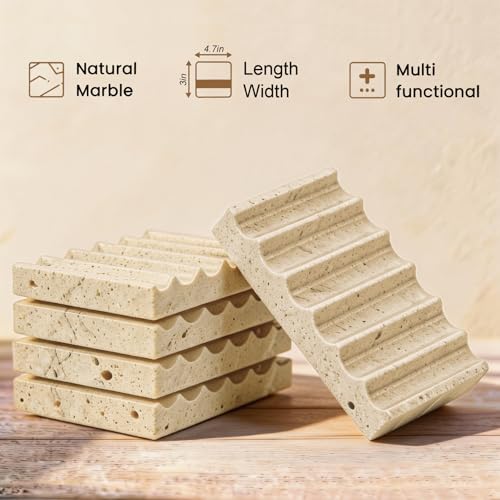 Natural Marble Soap Dish for Shower Stone Tray Small Bar Soap Holder with Self Draining | Non-Slip, Luxury Bath Room Accessories, Sponge Dish Scrubbers Tray for Kitchen Sink Counter Top (Travertine)