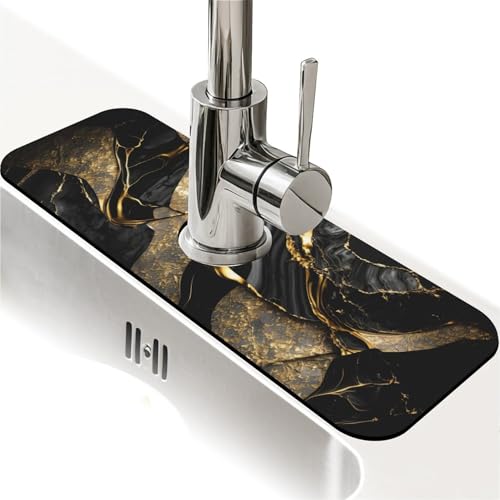 Kitchen Sink Splash Guard，Black and metallic gold marble Faucet Mat Sink Gadgets-Super Absorbent Fast Drying Mat Drip Catcher for Kitchen, Bathroom,Sink Mat, Dish Drying Mat, Bathroom(15" X 5.5" ) - color: Black and metallic gold marble
