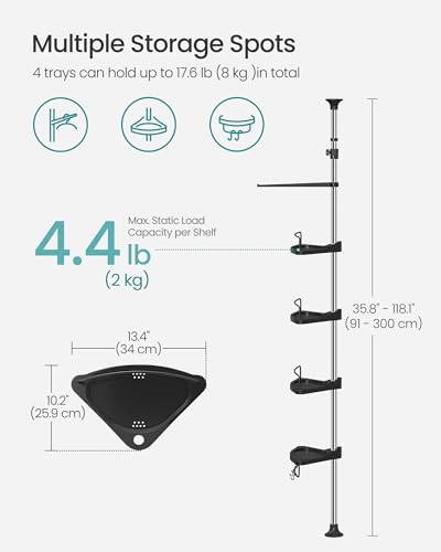 SONGMICS Corner Shower Caddy Tension Pole, 4-Tier Rust-Resistant Shower Organizer, Shower Shelf, Drill-Free, 35.8 to 118.1 Inches, Height Adjustable Trays, for Bathroom, Ink Black UBCB008B01 - color: Ink Black