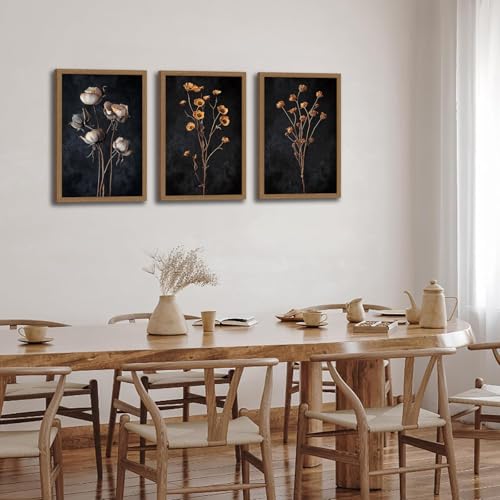 3 Pcs Moody Dried Flower Canvas Wall Art For Bedroom Dark Vintage Floral Framed Wall Art Rustic Aesthetic Botanical Art Prints for Living Room Bathroom 12x16 inch Ready to Hang - color: Dried flowers, size: 12x16 inches